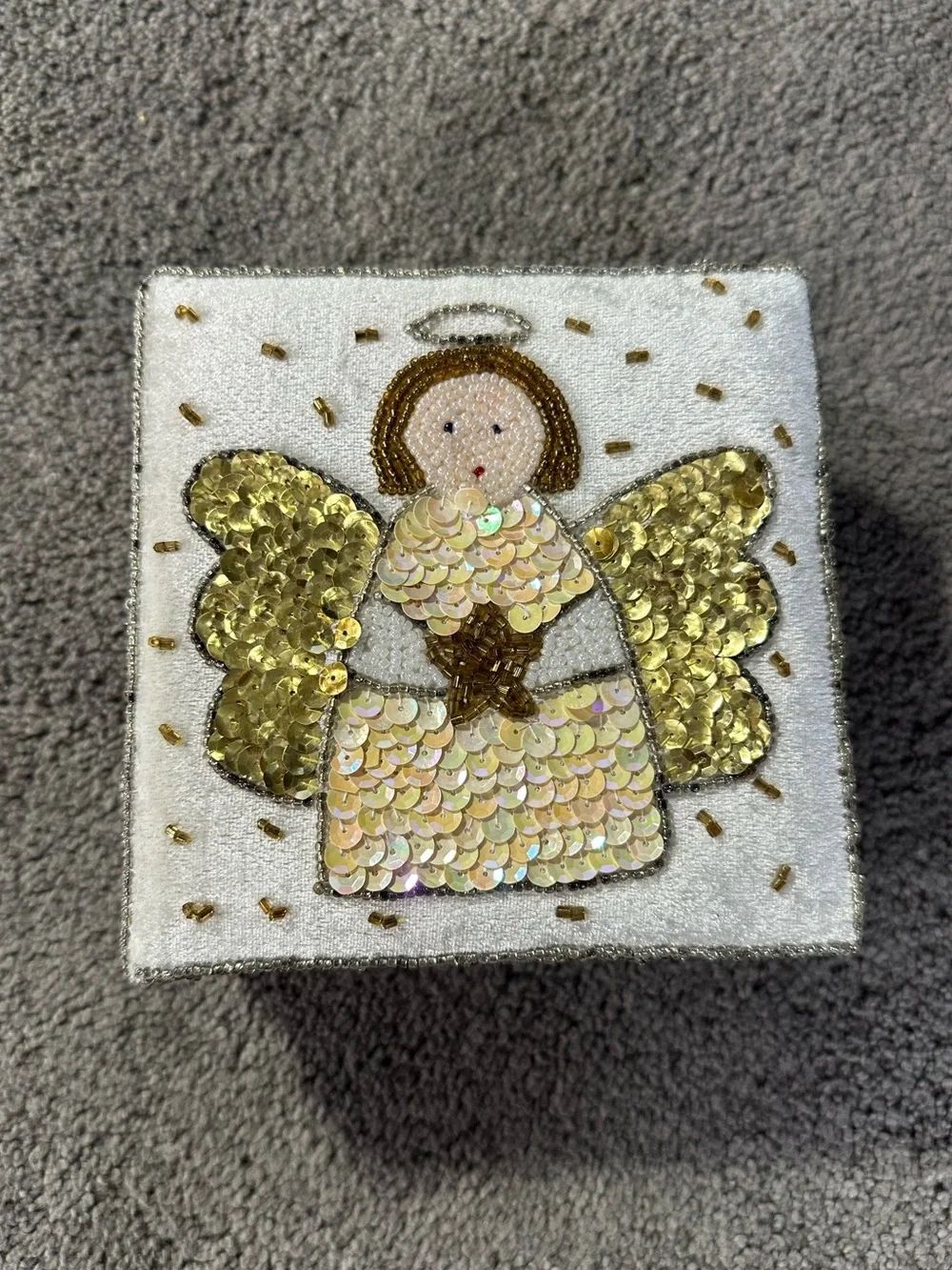 Vintage GAC 1999 Sequin Beaded Angel Star Trinket Jewelry Box Christmas Holiday